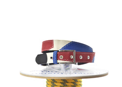 Pavone – Cintura in vela riciclata. Colori rosso e blu.